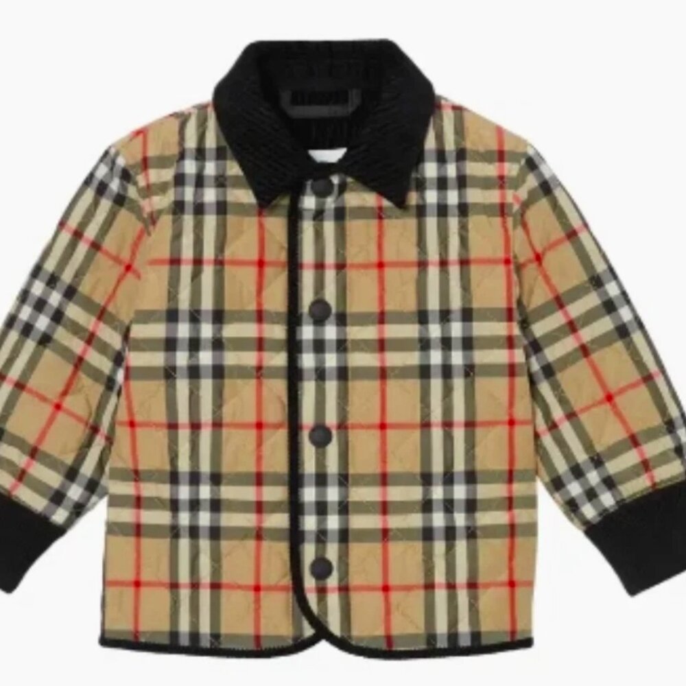 Burberry Unisex Culford Check Collar Quilted Jacket Coat, Beige, Sz 6 Months NWT
